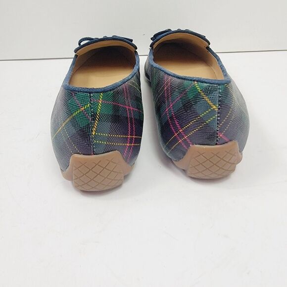 TALBOTS Francesca Tasseled Driving Moccasins Green Navy Tartan Plaid 8.5 - Picture 7 of 10